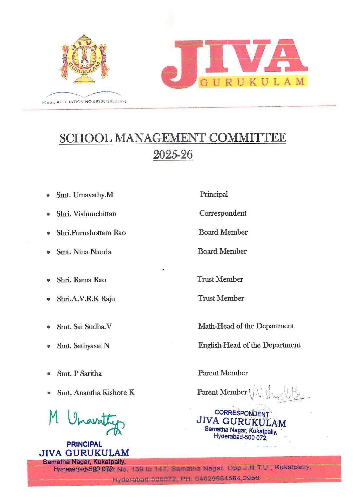 JIVA Gurukulam School management committee 2025-2026